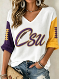 Women's College Rugby Printed Waffle V-Neck Top