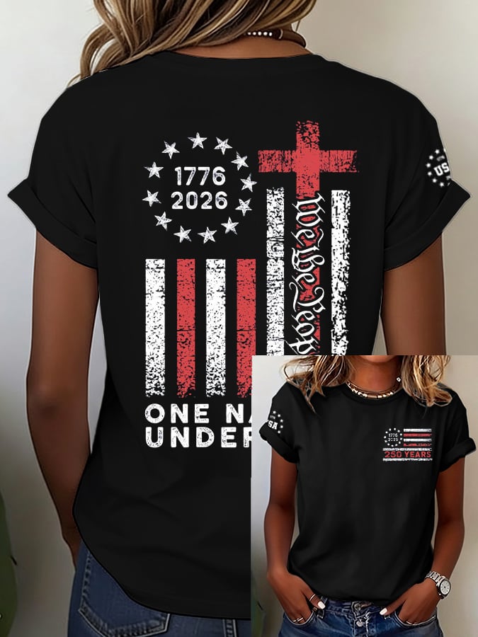 Women's Vintage USA 250th Anniversary One Nation Under God Print Casual T-shirt