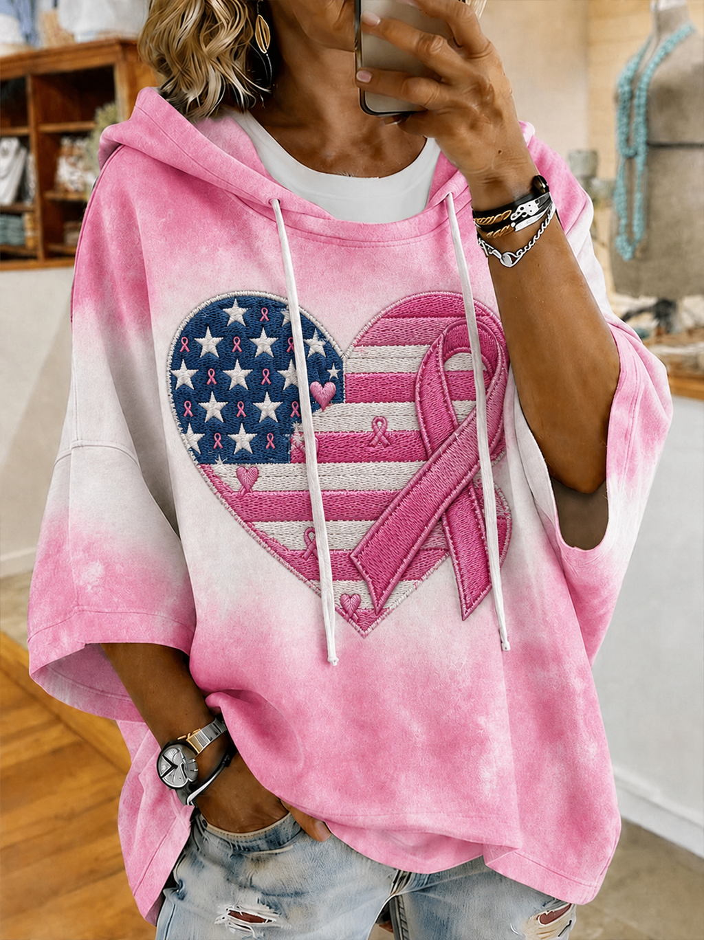 Women'S Breast Cancer Awareness Print Half Sleeve Hoodie