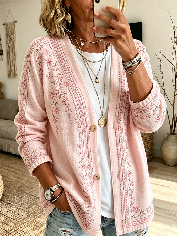 Women'S Casual Plant Flower Embroidered Cardigan Top