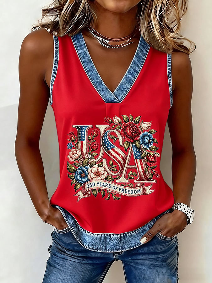 Women's 250th Anniversary Freedom Flower Art  Print Casual V-Neck Vest