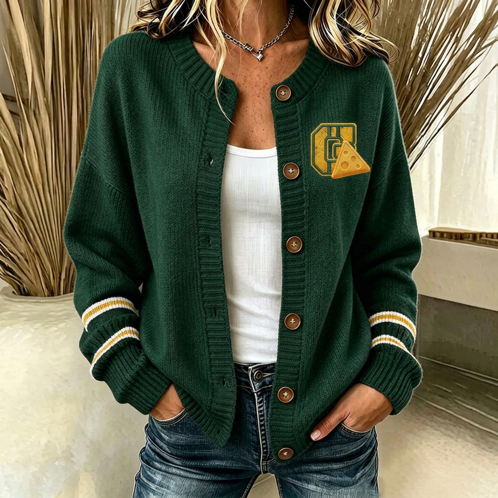 Women's Green Bay Packers Cheesehead Logo Embroidered Cardigan