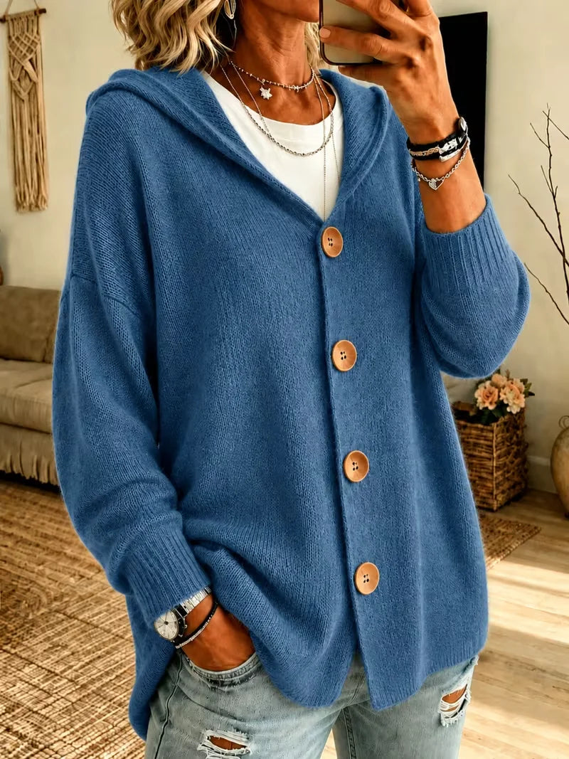 Ladies' Casual Knitted Hooded Long Sleeved Cardigan