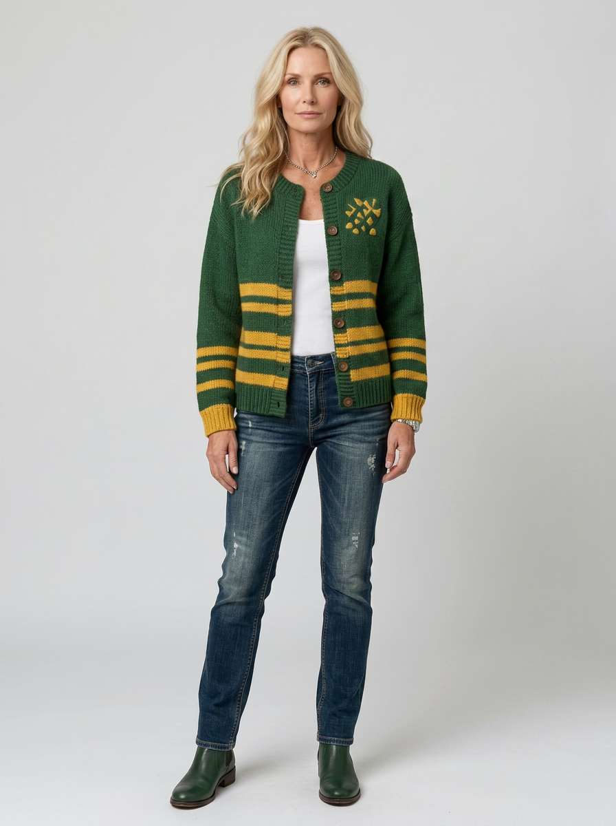 Women's Green Bay Packers Heart Logo Striped Knitted Cardigan