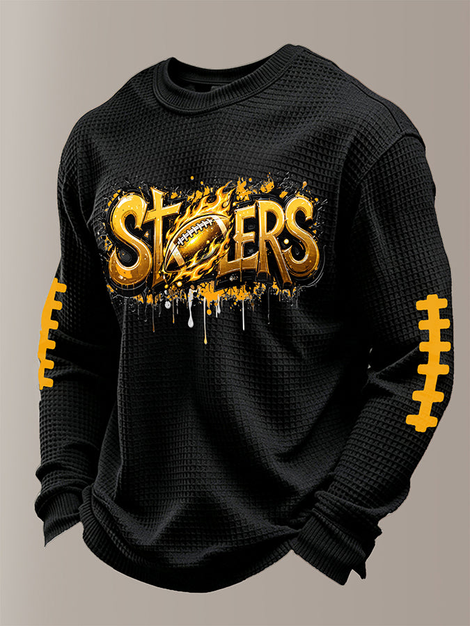 Men's Football Print Waffle Crewneck Sweatshirt