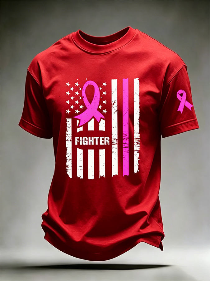 Men'S US Flag Breast Cancer Print T-Shirt