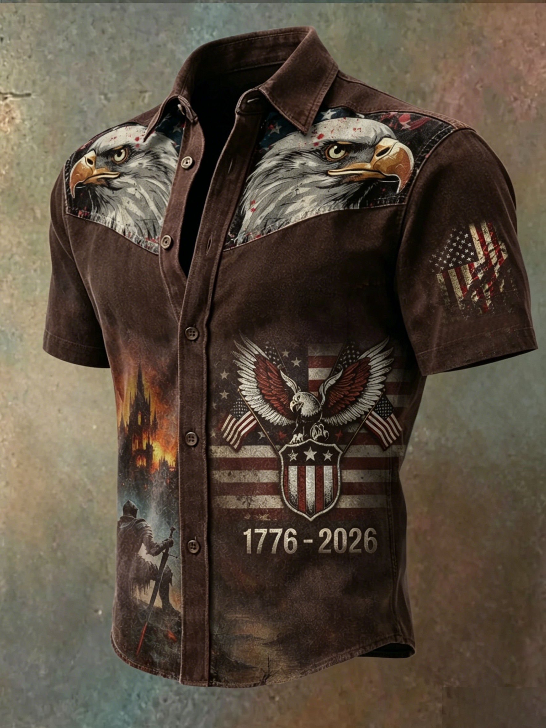 Men'S Casual American 250Th Anniversary Personalized Printed Shoulder Patchwork Lapel Shirt