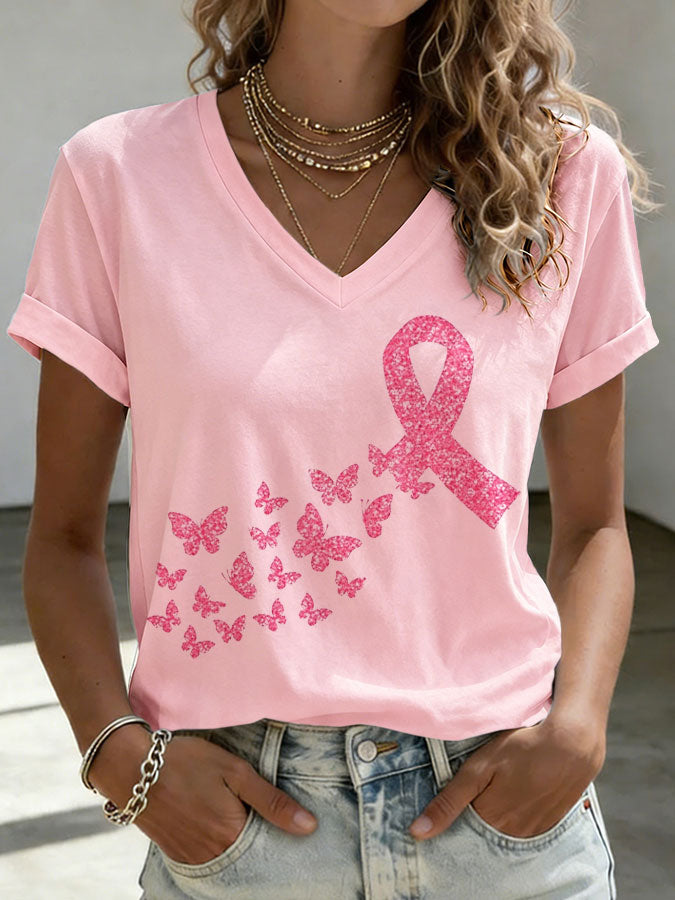 Women'S Pink Ribbon Print Printed T-Shirt
