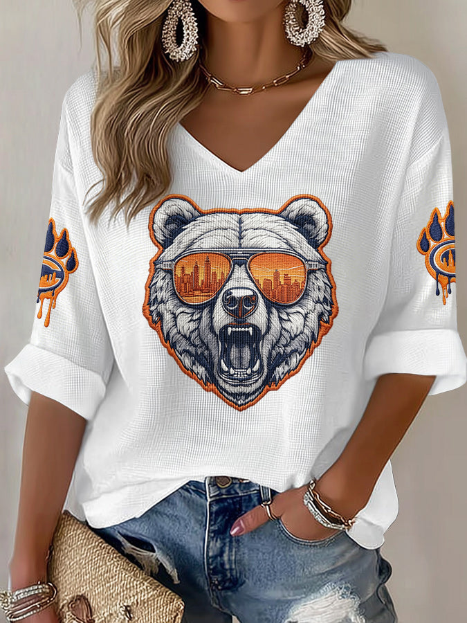 Women'S Rugby Printed Waffle Long Sleeve T-Shirt
