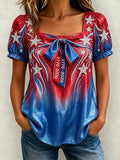 Women's Patriotic Commemorative Art Design Square Neck Short Sleeve T-Shirt