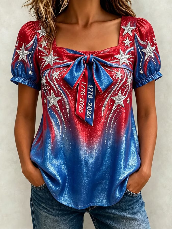 Women's Patriotic Commemorative Art Design Square Neck Short Sleeve T-Shirt