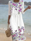 Women'S Floral Pattern Casual Cotton And Linen Dress