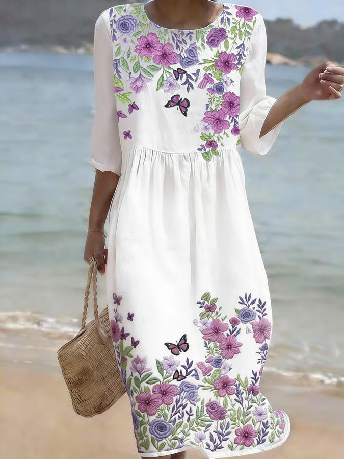 Women'S Floral Pattern Casual Cotton And Linen Dress