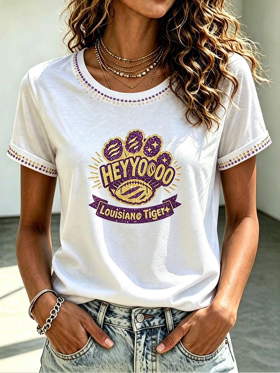 Women'S Rugby Printed Round Neck Short Sleeved T-Shirt