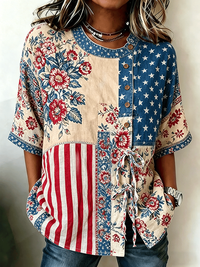 Women's 250th Anniversary Printed Cotton Linen Casual Shirt