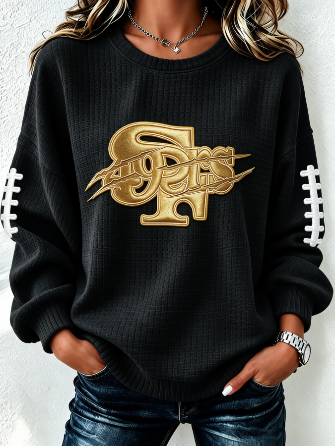Women'S Football Print Waffle Long Sleeved Round Neck Sweatshirt