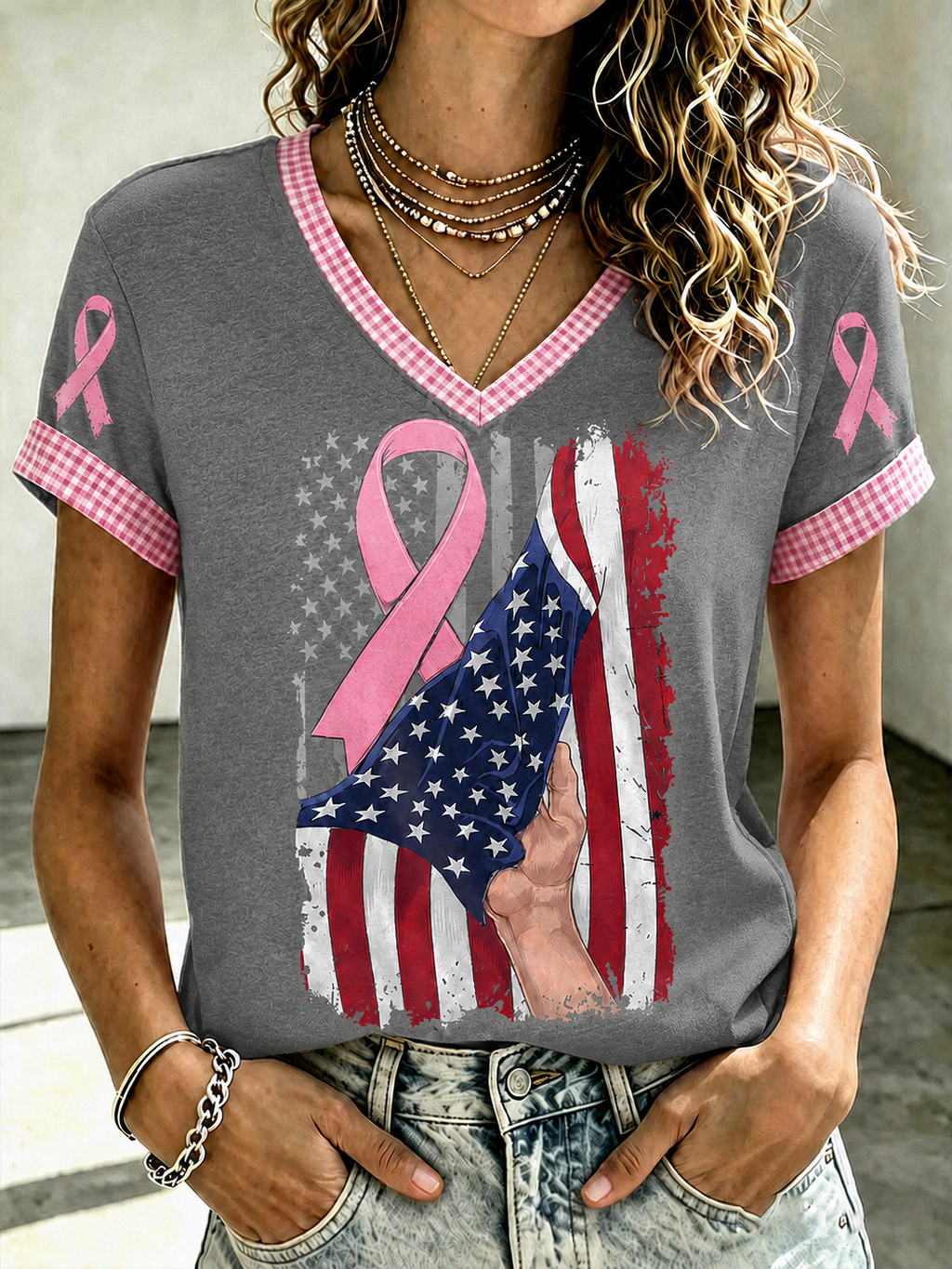 Women'S Flag Breast Cancer Awareness Print Short Sleeve T-Shirt