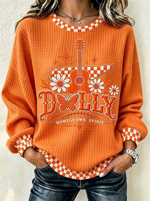Ladies' Casual Commemorative Legendary Printed Round Neck Waffle Top