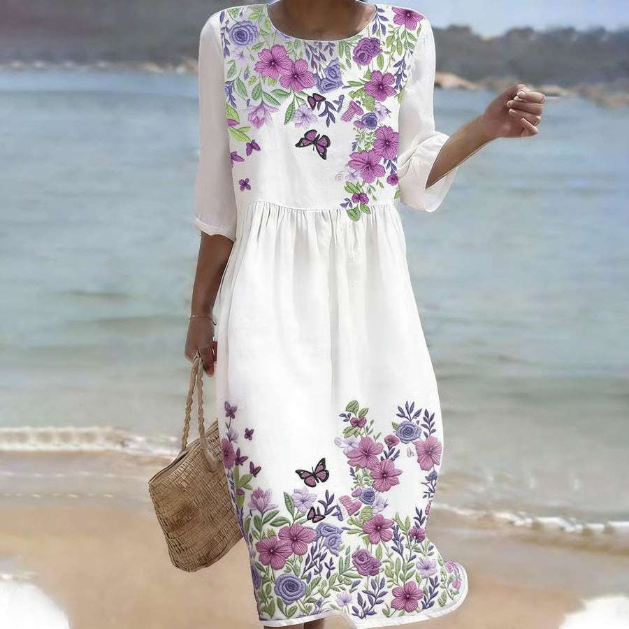 Women'S Floral Pattern Casual Cotton And Linen Dress