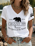 V-Neck Retro Grizzly 399 1996 -2024 Forever The Queen Of The Tetons Print T-Shirt