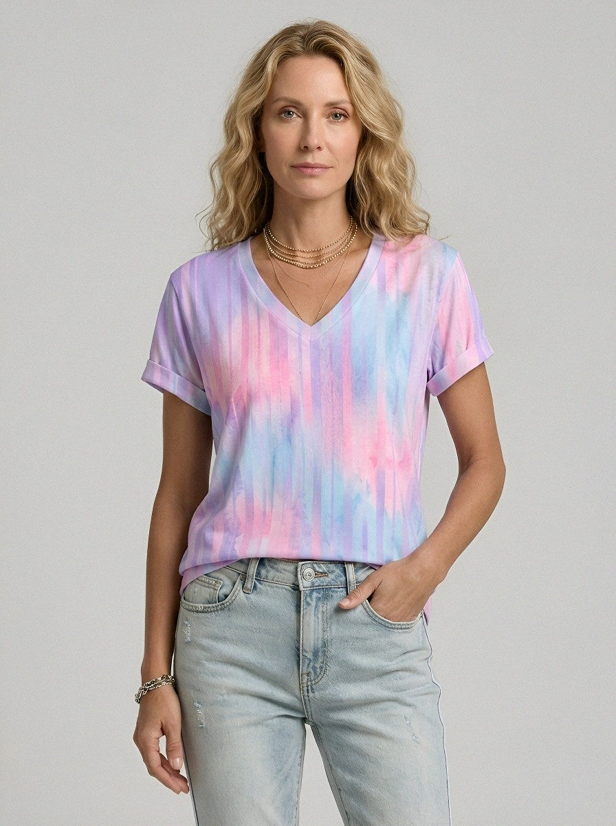 Women's Breast Cancer Awareness Striped Watercolor Printed V-Neck T-shirt