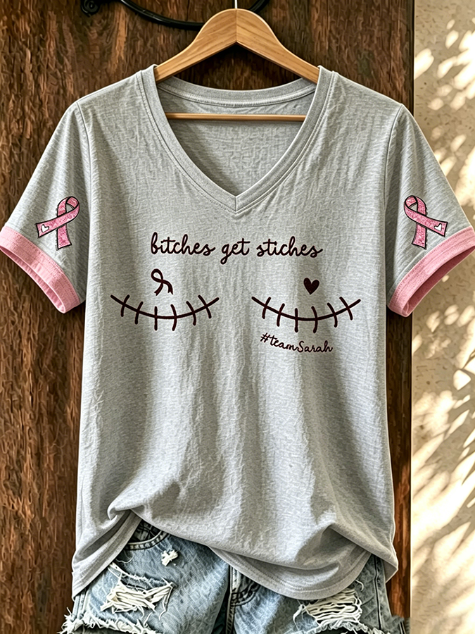 Women'S American Flag Pink Ribbon Embroidered Casual T-Shirt