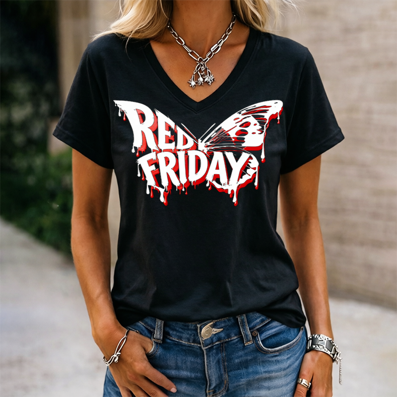 Women's Red Friday Inspired Print V-Neck T-Shirt