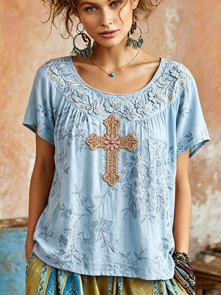 Women's Vintage Cotton-Linen Top with Wing and Cross Motif