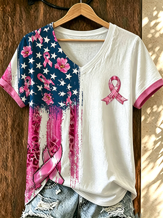 Women'S American Flag Pink Ribbon Embroidered Casual T-Shirt
