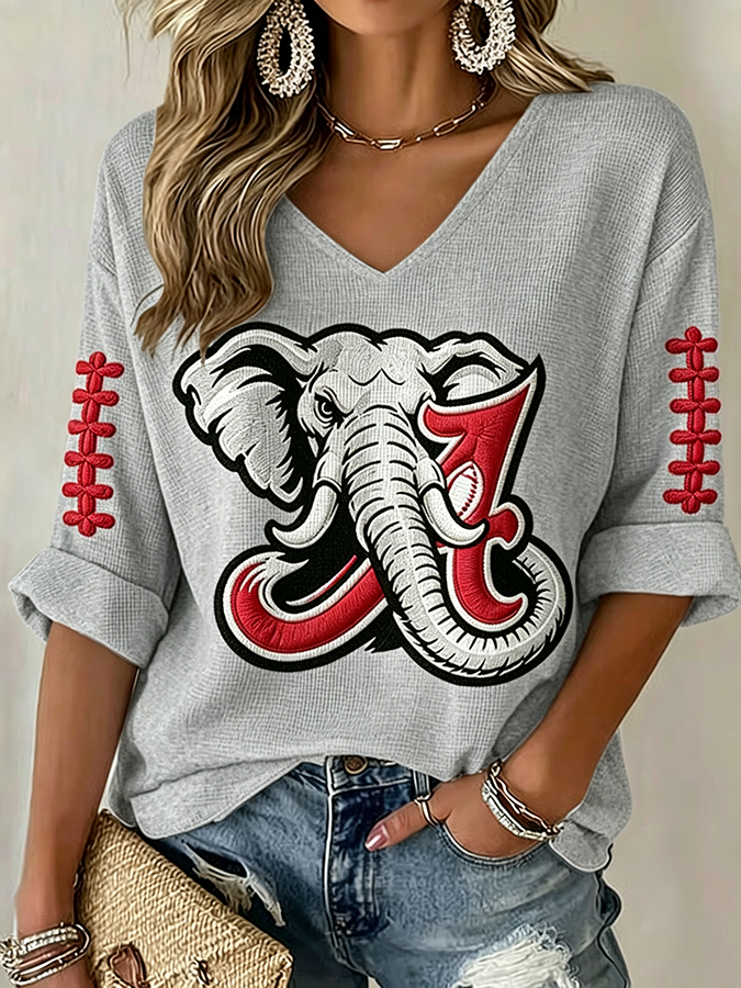 Women'S Rugby Patterned Waffle V-Neck Top