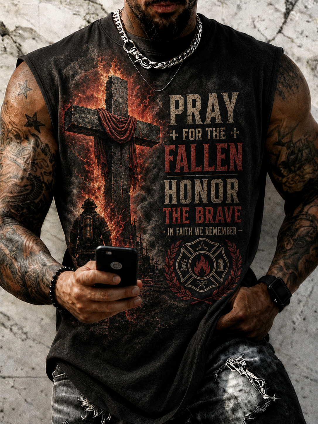 Men's Fire Cross Firefighter Honor The Brave Print Tank Top
