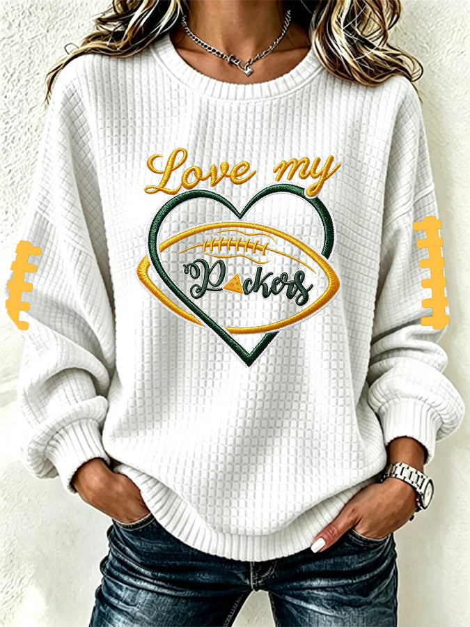 Women'S Football Fan Waffle Long Sleeved Round Neck Sweatshirt