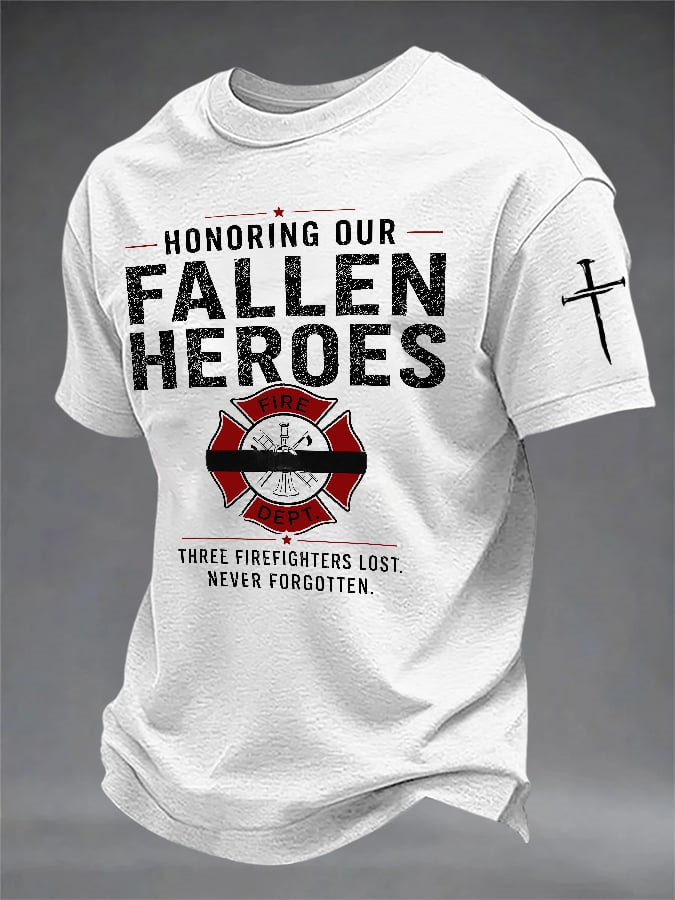 Men's Retro Honoring Our Fallen Heroes Three Firefighters Lost. Never Forgotten Print T-Shirt
