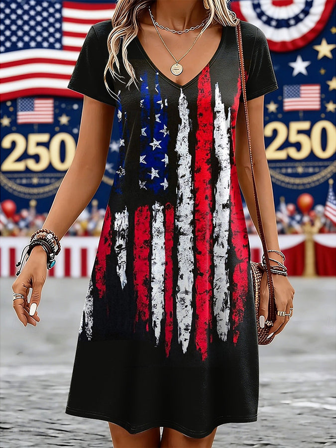 Ladies' Casual American Five-Star Flag V-Neck Short Sleeved Dress