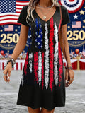 Ladies' Casual American Five-Star Flag V-Neck Short Sleeved Dress