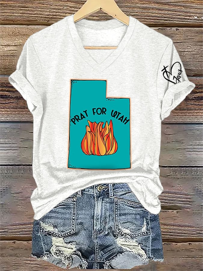 V-Neck Retro Pray For The Utah Wildfires Print T-Shirt