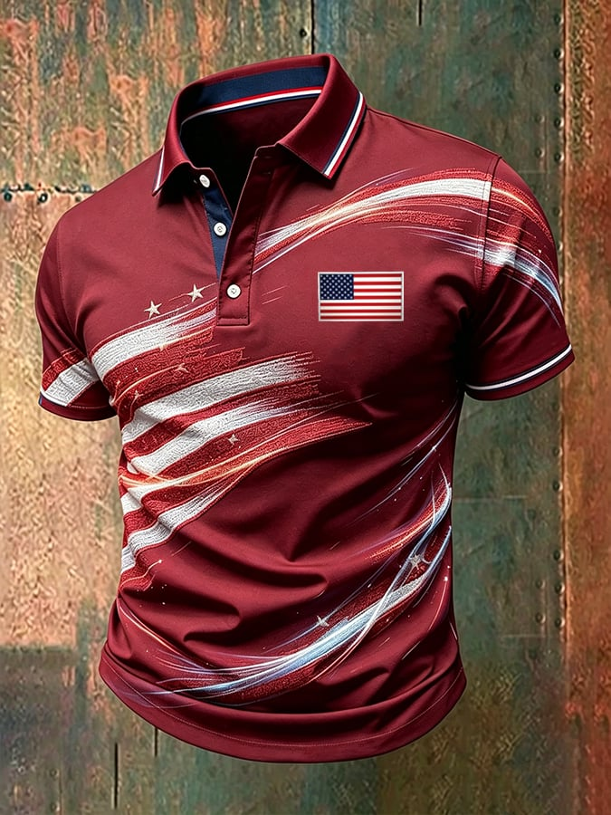 Men'S American Flag Print Casual Polo Shirt
