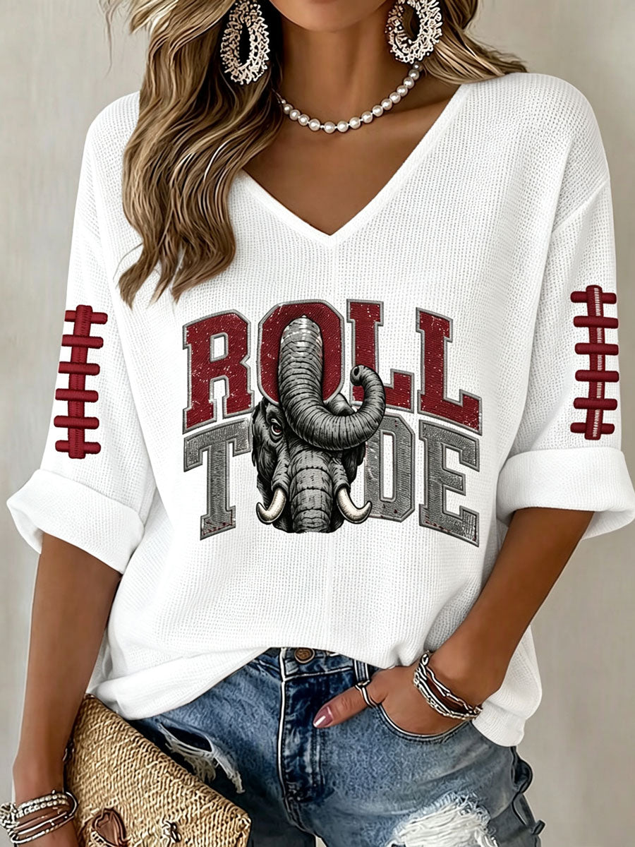 Women'S Rugby Patterned Waffle V-Neck Top