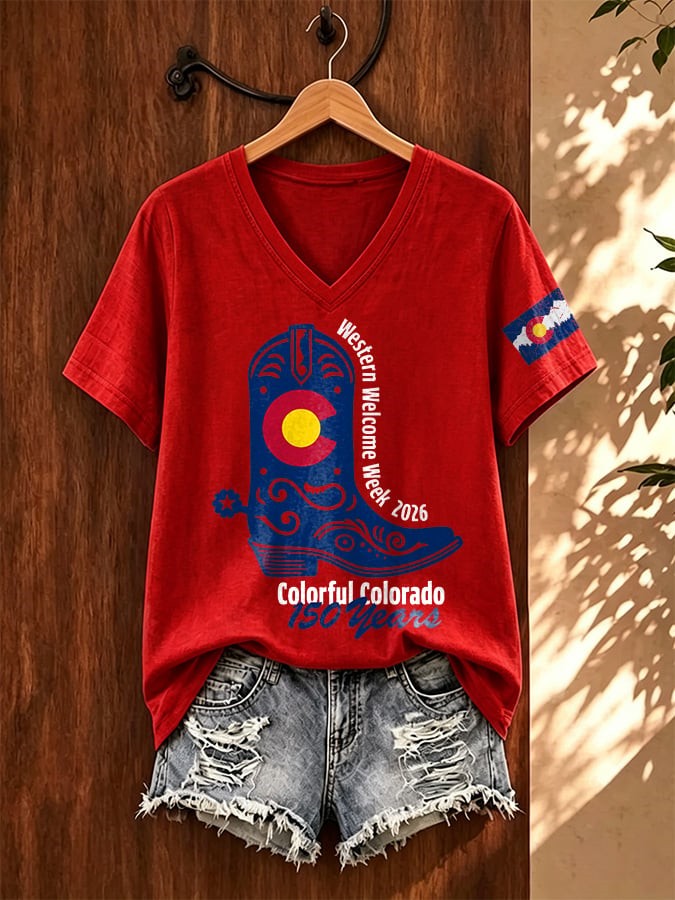 V-Neck Retro Western Welcome Week 2026 Colorful Colorado 150 Years Print T-Shirt