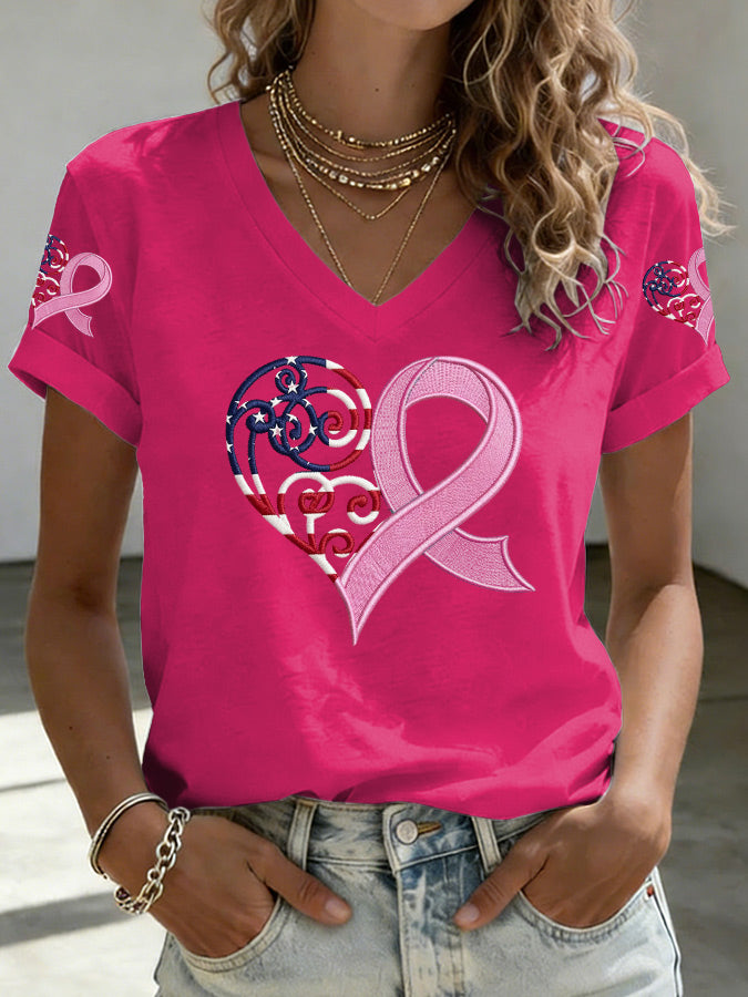 Women's American Flag Pink Ribbon Embroidered Casual T-shirt