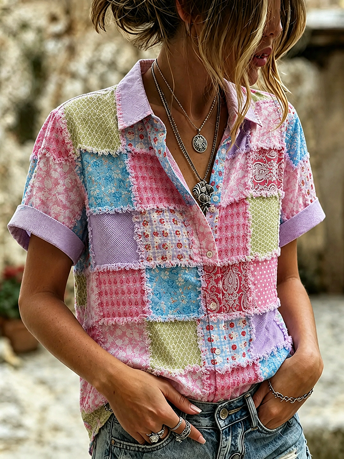 Cotton Linen Flower Embroidery Printed Short Sleeved Shirt
