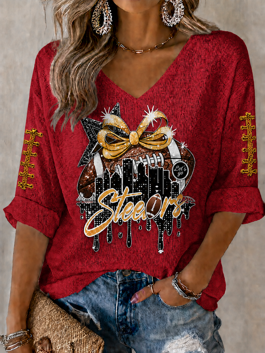 Women'S Football Print Waffle Top