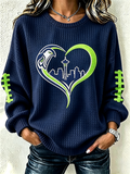 Women'S Football Print Waffle Long Sleeved Round Neck Sweatshirt