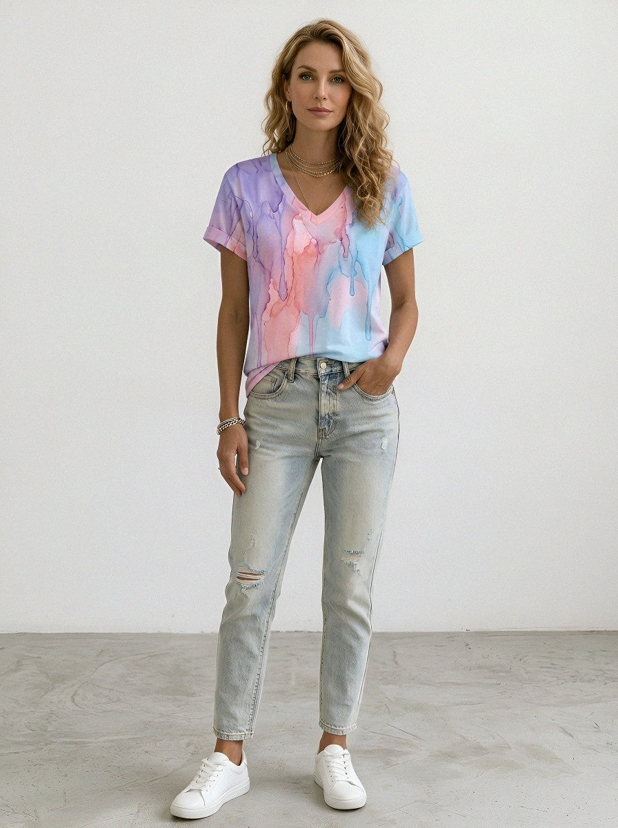 Women's Breast Cancer Awareness Watercolor Drip Printed V-neck T-shirt