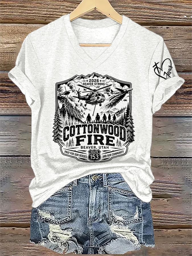 V-Neck Retro 2026 Beaver Strong Cottonwood Fire, Beaver, Utah - Pray For Our Heroes And Our Community Route 153 Print T-Shirt