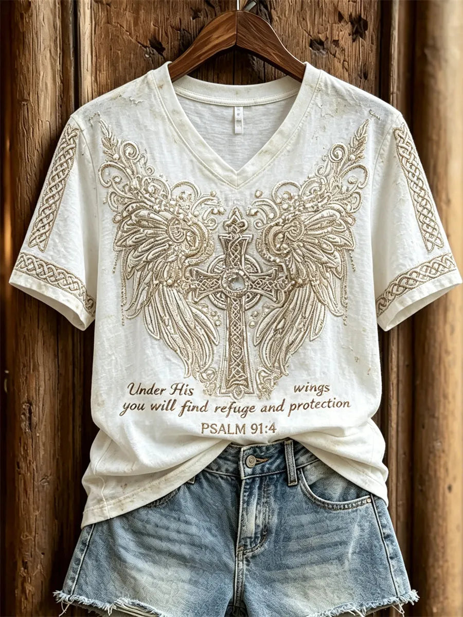 Women's Under His Wings You Will Find Refuge Cross with Wings Print short-sleeved T-shirt
