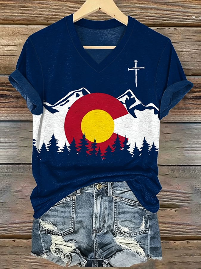 Women's Colorado Strong Print V Neck Top