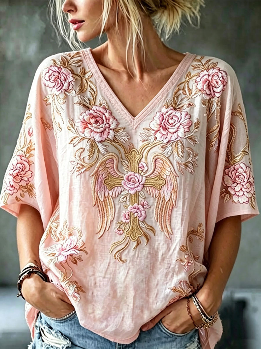 Women'S Cotton And Linen Floral Faith Casual Top