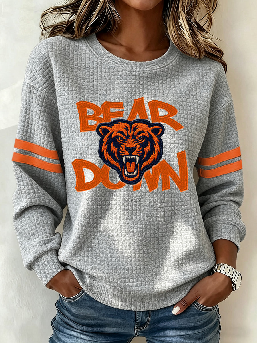 Women's football fan waffle long sleeved round neck sports shirt