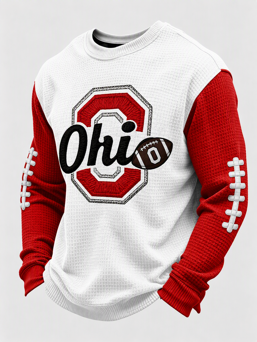 Men'S College Rugby Striped Round Neck Waffle Long Sleeved Shirt